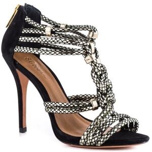 SCHUTZ Black and Silver Aksaya Metallic Snakeprint Sandal Formal Shoes Size 7.5